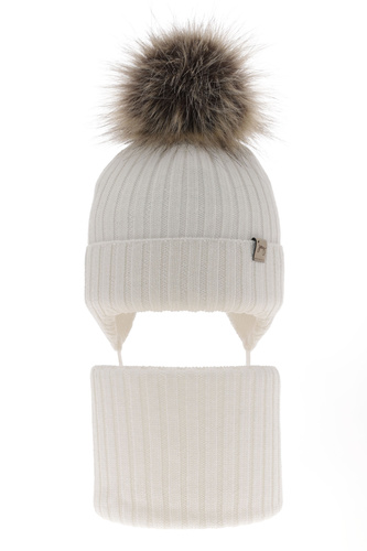 Czapka i komin dla dziewczynki zimowy komplet, biały, 100% wełniana merino, wiązany Junika
