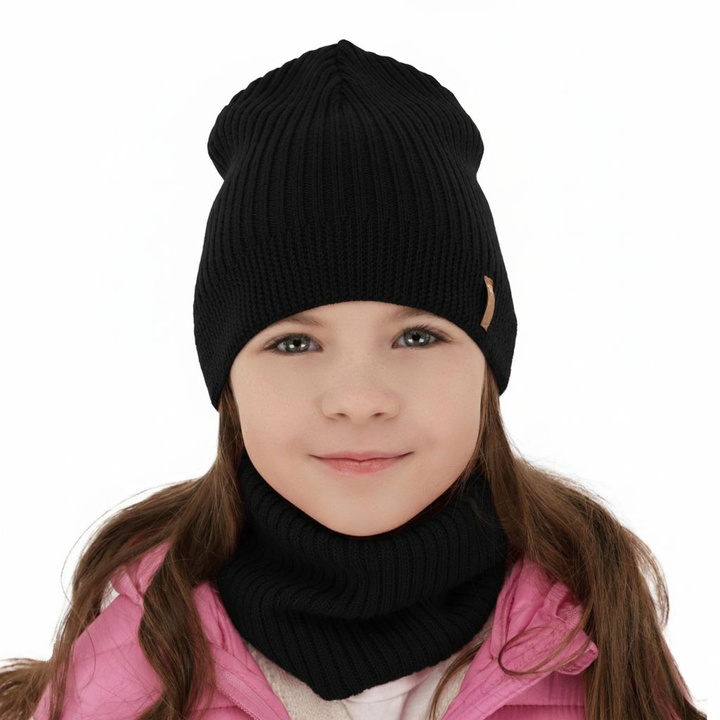 Czapka i komin dla dziewczynki jesienny, wiosenny komplet, czarny, 100% wełniana merino Chelsie