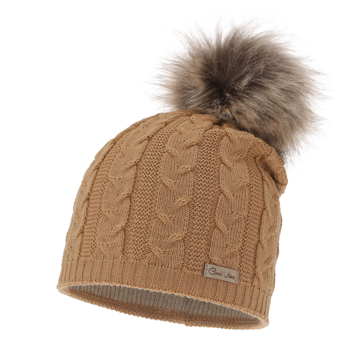 Czapka zimowa damska, camel, z wełną merino Bafi