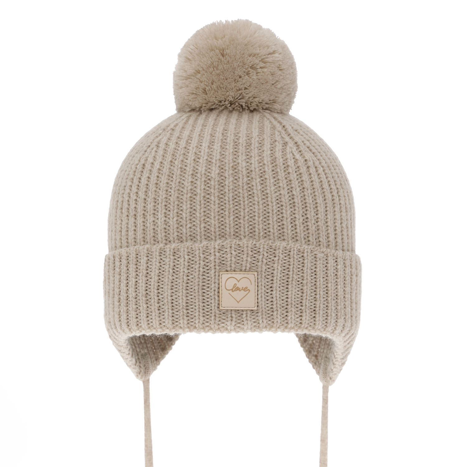 Czapka zimowa dla dziewczynki, beżowa, 100% wełniana merino, podszyta wełnianym polarem, z pomponem, wiązana Havana