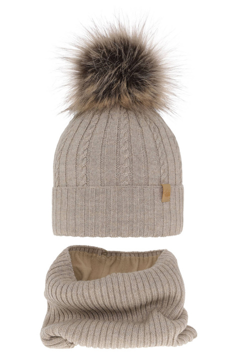 Czapka i komin dla dziewczynki zimowy komplet, beżowy, wełniany merino Mirabel