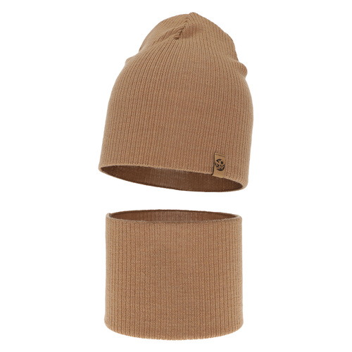 Czapka i komin dla chłopca jesienny, wiosenny komplet, camel, 100% wełniany merino Richi