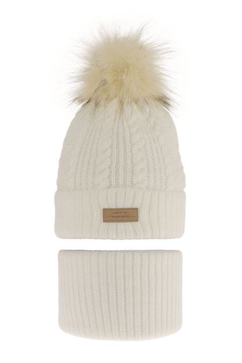 Czapka i komin dla dziewczynki zimowy komplet, kremowy, z pomponem Alika