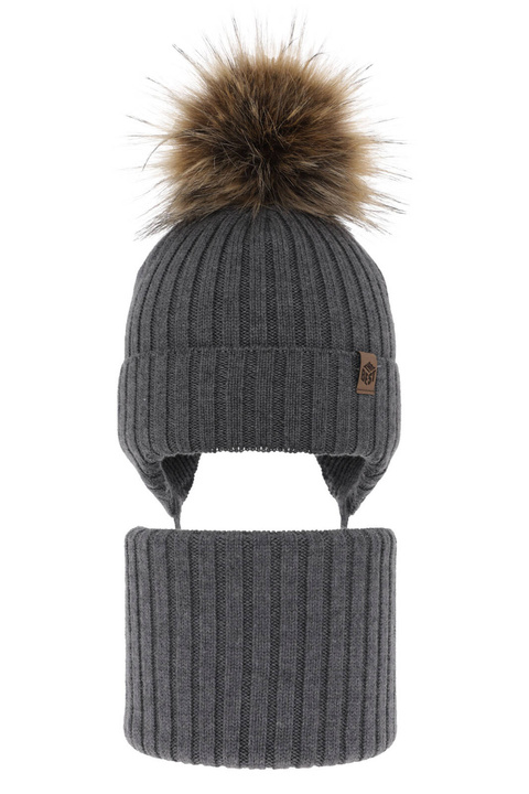 Czapka i komin dla chłopca zimowy komplet, szary, 100% wełniany merino, wiązany Juno