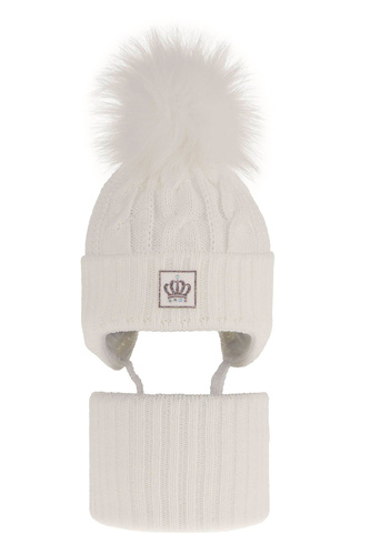 Czapka i komin dla dziewczynki zimowy komplet, biały, z pomponem, wiązany Tigra
