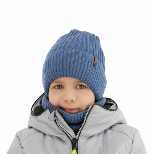 Czapka i komin dla chłopca, zimowy komplet, niebieski, 100% wełniany merino, Gizmo