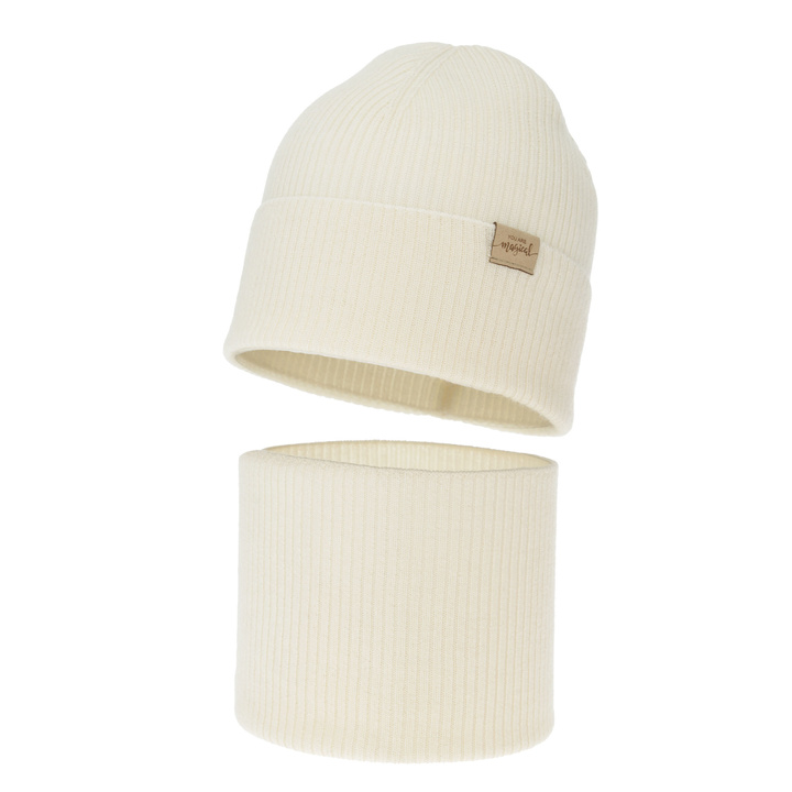 Czapka i komin dla dziewczynki jesienny, wiosenny komplet, kremowy, 100% wełniany merino Magenta