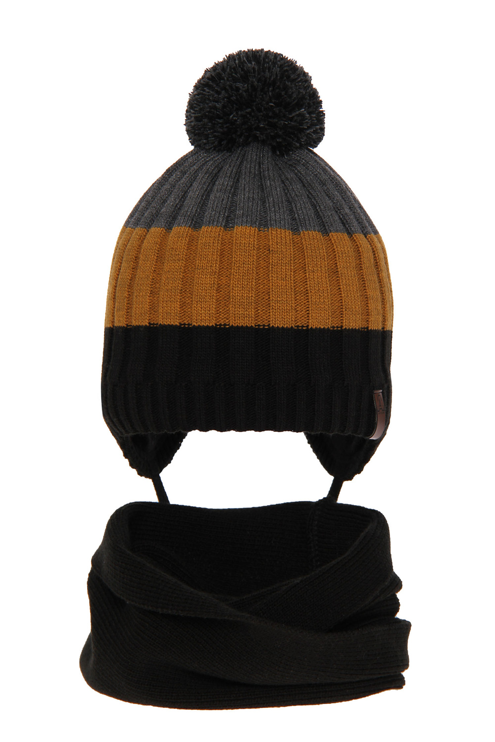 Czapka i komin dla chłopca zimowy komplet, czarny, z pomponem, wiązany Hary