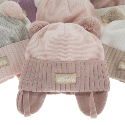 Czapka jesienna, wiosenna dla dziewczynki, kremowa, z dwoma pomponami, wiązana Karotka