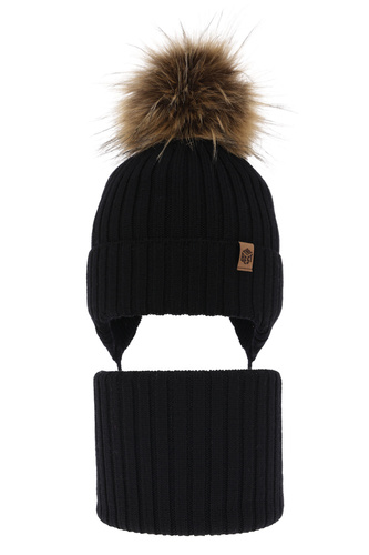 Czapka i komin dla chłopca zimowy komplet, czarny, 100% wełniany merino, wiązany Juno