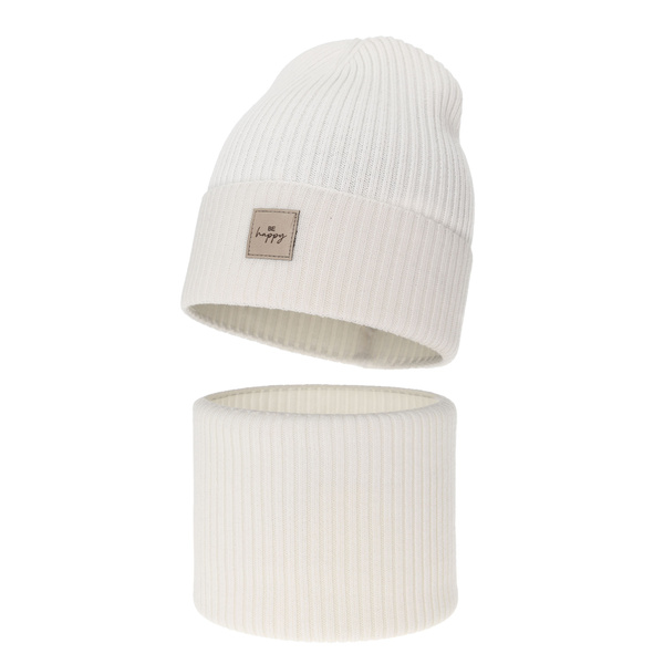 Czapka i komin dla dziewczynki, jesienny, wiosenny komplet, biały, 100% wełniany merino, Vanita