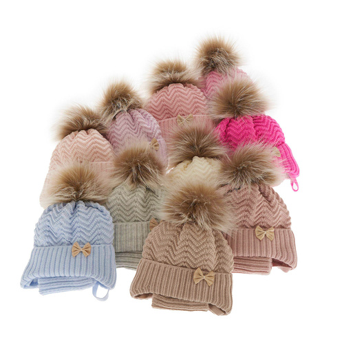 Czapka i komin dla dziewczynki zimowy komplet, kremowy, z pomponem Chloe