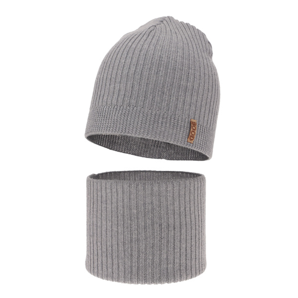 Czapka i komin dla chłopca jesienny, wiosenny komplet, jasnoszary, 100% wełniana merino Chester