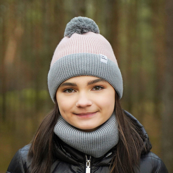 Czapka i komin dla dziewczynki zimowy komplet, szary, z pomponem Rosalin