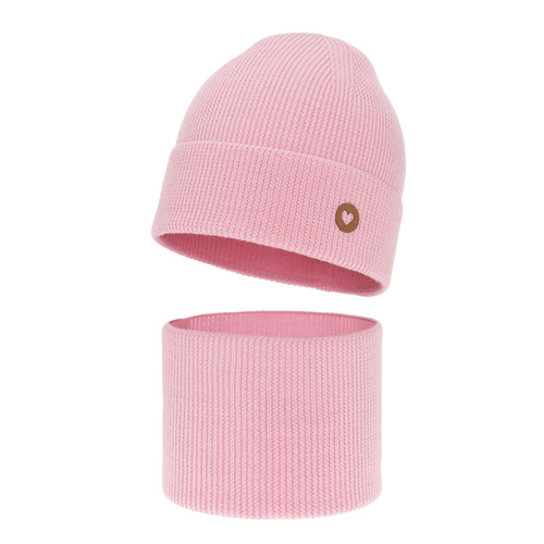 Czapka i komin dla dziewczynki jesienny, wiosenny komplet, różowy, 100% wełniany merino Brook
