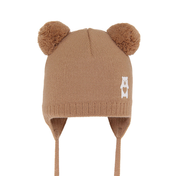 Czapka jesienna, wiosenna dla chłopca, camel, z dwoma pomponami, wiązana Barney