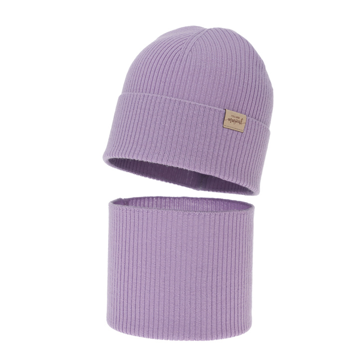 Czapka i komin dla dziewczynki jesienny, wiosenny komplet, fioletowy, 100% wełniany merino Magenta