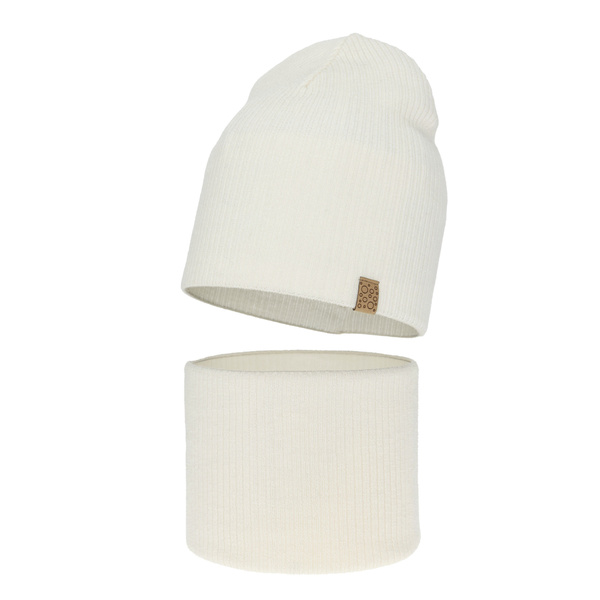 Czapka i komin dla dziewczynki jesienny, wiosenny komplet, biały, 100% wełniany merino Ricona