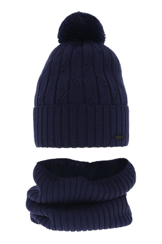 Czapka i komin dla chłopca zimowy komplet, granatowy, z pomponem, wełniany merino Talar