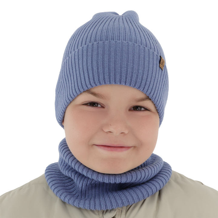 Czapka i komin dla chłopca jesienny, wiosenny komplet, niebieski, 100% wełniany merino Lemas