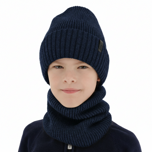 Czapka i komin dla chłopca, zimowy komplet, 100% wełniany merino, z podszyciem z wełny merino, granatowy Harbin