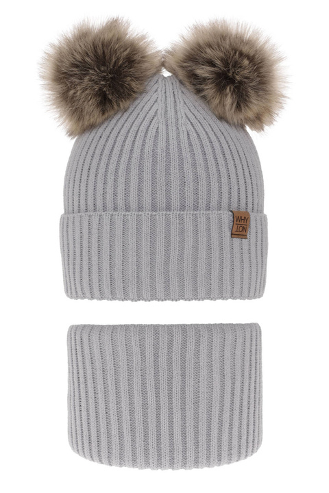 Czapka i komin dla chłopca zimowy komplet, jasnoszary, z dwoma pomponami Oxford
