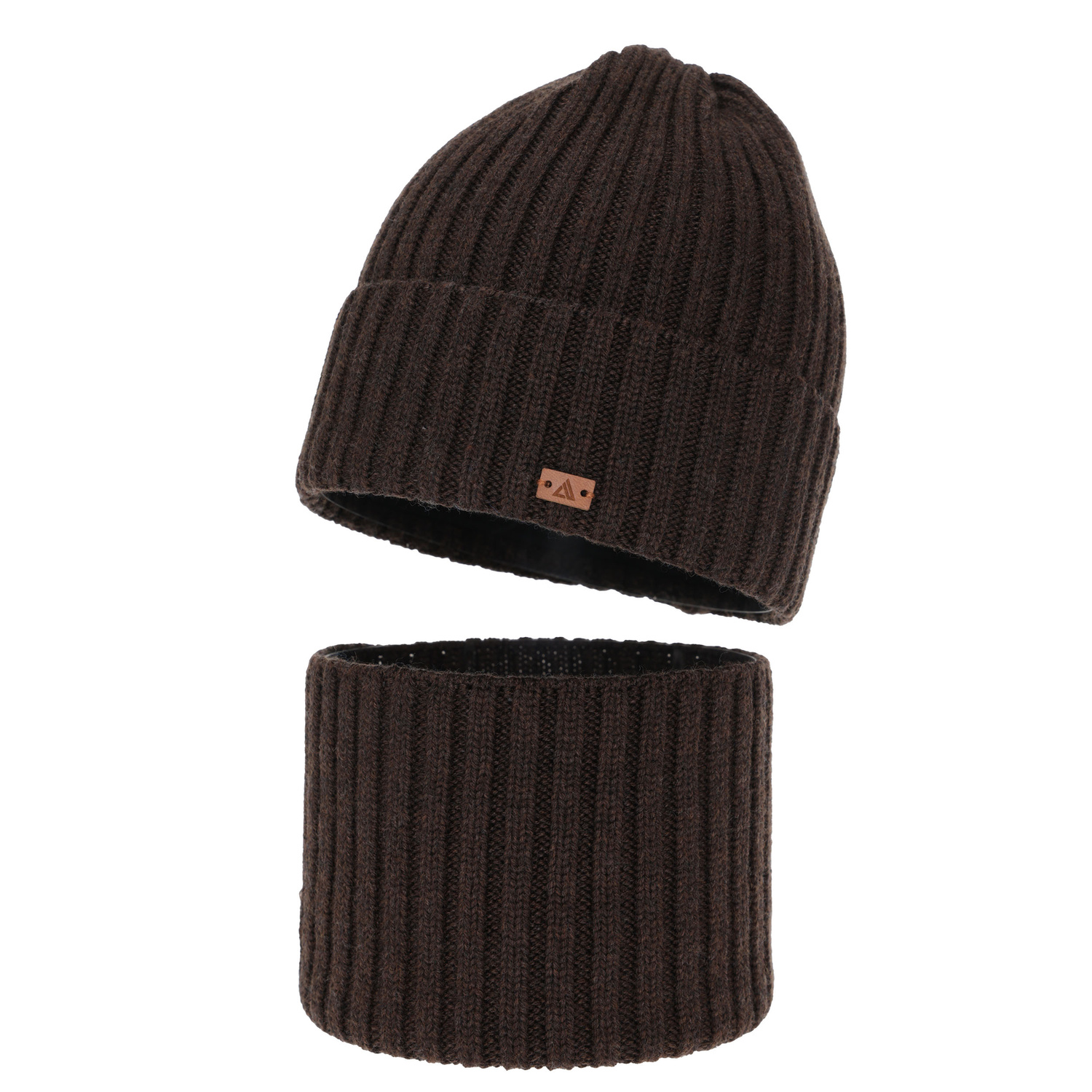 Czapka i komin dla chłopca, zimowy komplet, 100% wełniany merino, brązowy Umberto