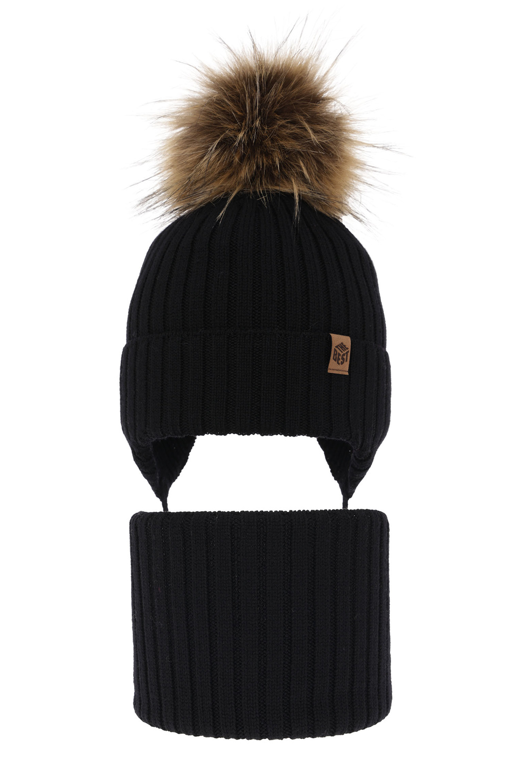 Czapka i komin dla chłopca zimowy komplet, czarny, 100% wełniany merino, wiązany Juno