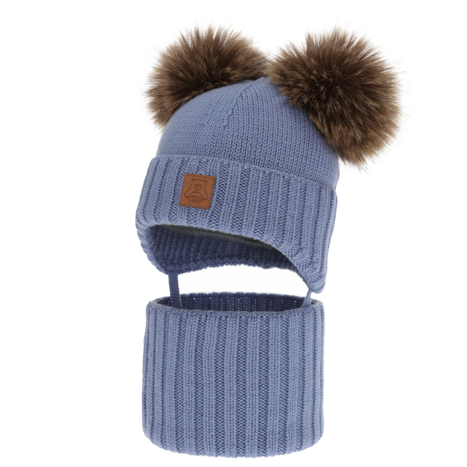 Czapka i komin dla chłopca, zimowy komplet, niebieski, 100% wełniany merino, podszyty polarem wełnianym, Ronik