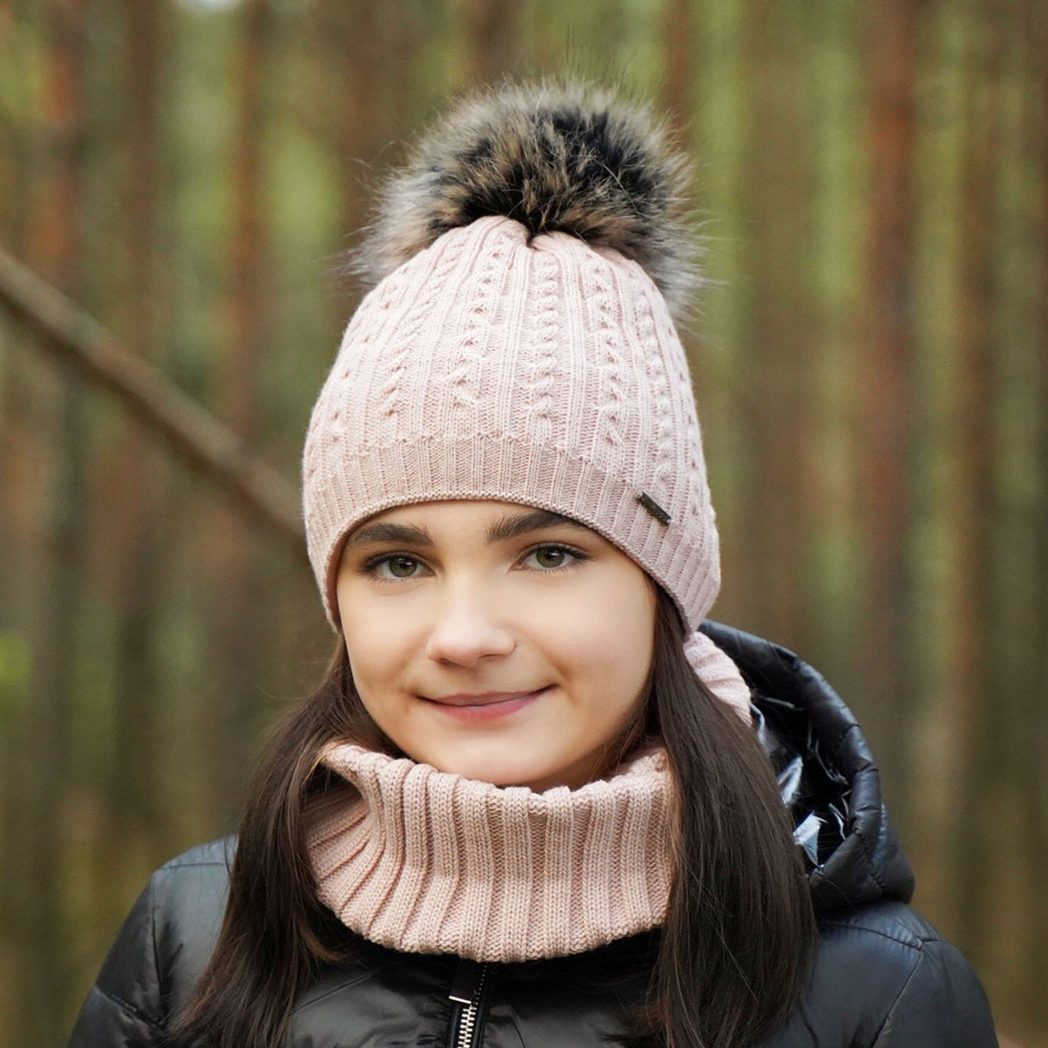 Czapka i komin dla dziewczynki zimowy komplet, biały, z pomponem Rima