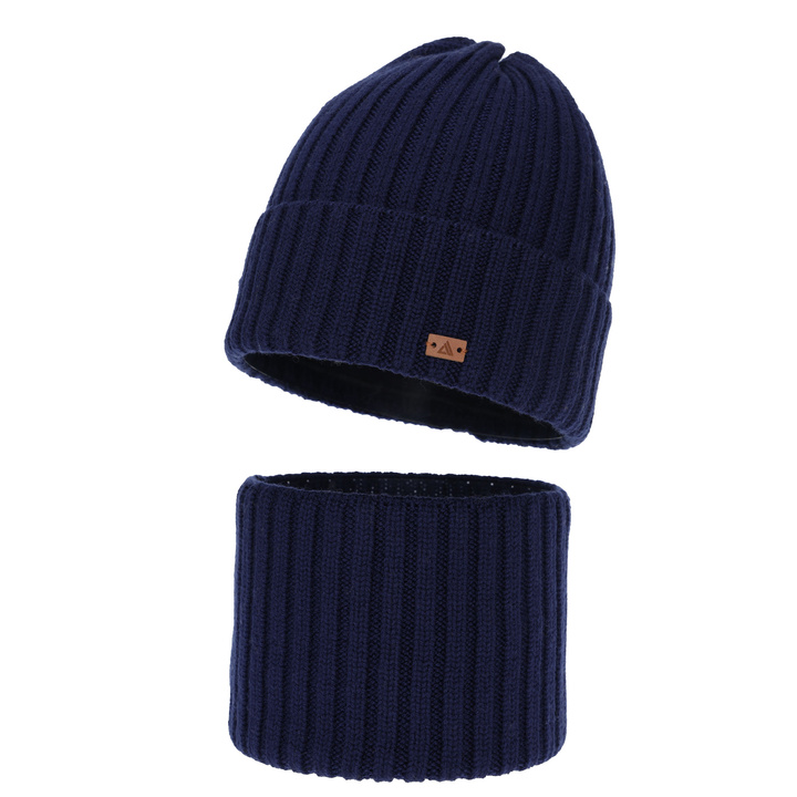 Czapka i komin dla chłopca, zimowy komplet, 100% wełniany merino, granatowy Umberto