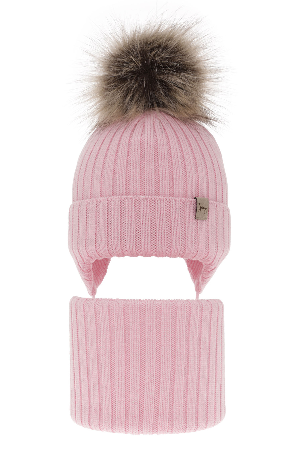 Czapka i komin dla dziewczynki zimowy komplet, różowy, 100% wełniany merino, wiązany Junika