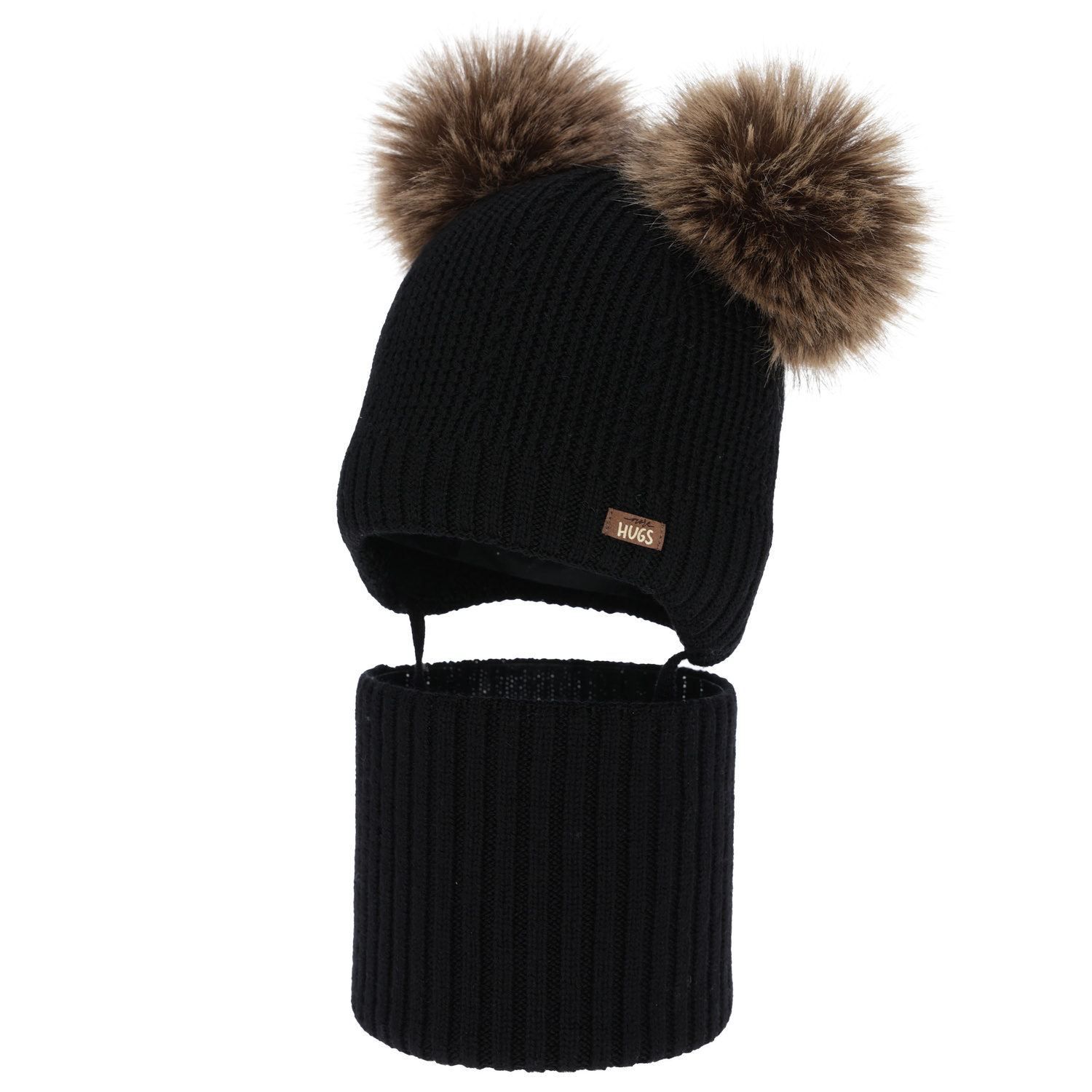 Czapka i komin dla chłopca, zimowy komplet, czarny, 100% wełniany merino, podszyty polarem wełnianym, Lumio