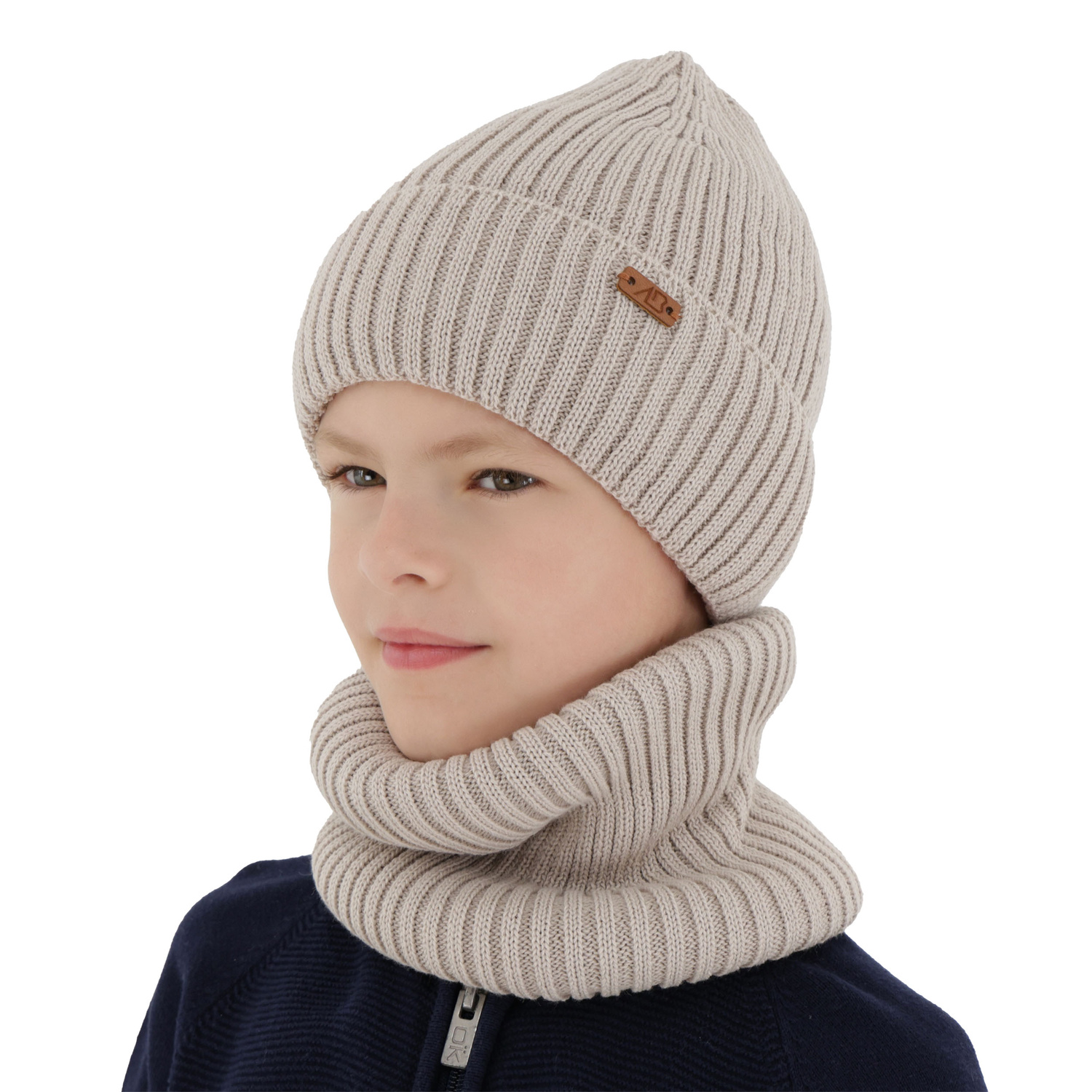 Czapka i komin dla chłopca zimowy komplet, beżowy,  z wełną merino Palermo
