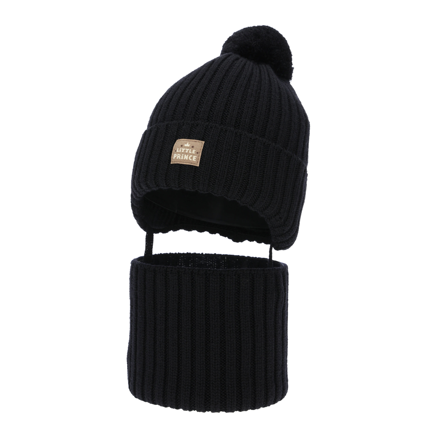 Czapka i komin dla chłopca zimowy komplet, czarny, 100% wełniany merino,  podszyty bawełną, wiązany Masil