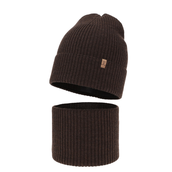 Czapka i komin dla chłopca jesienny, wiosenny komplet, brązowy, 100% wełniany merino Lemas