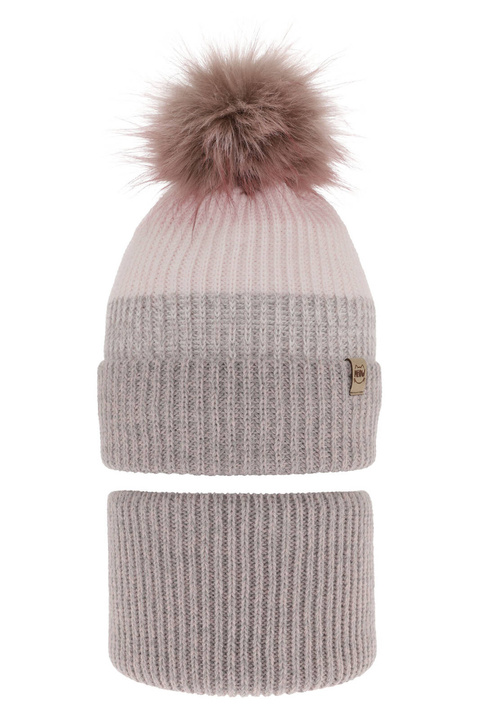 Czapka i komin dla dziewczynki zimowy komplet, szary, z pomponem Gimena