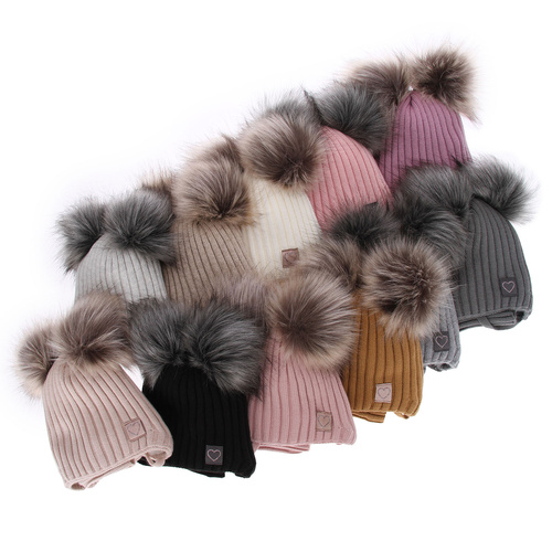 Czapka i komin dla dziewczynki zimowy komplet, beżowy, z dwoma pomponami, wiązany Telisa