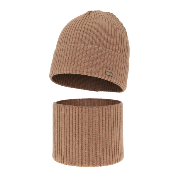 Czapka i komin dla chłopca jesienny, wiosenny komplet, camel, 100% wełniany merino Intro