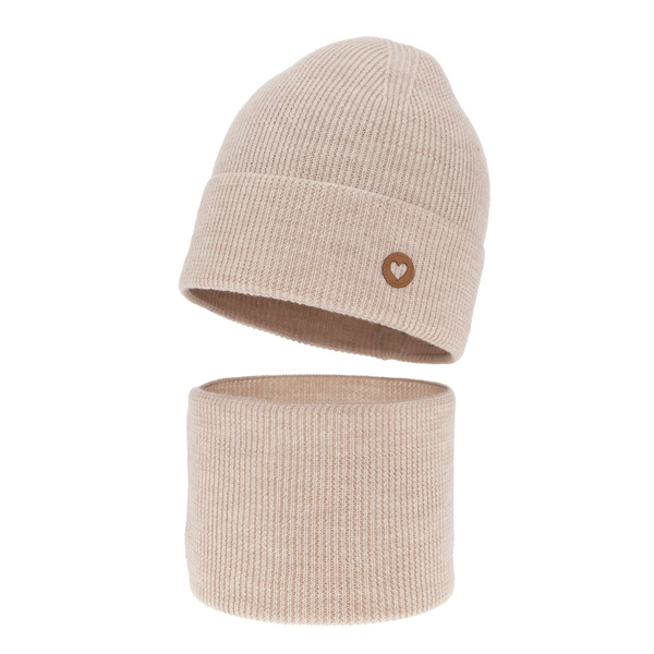 Czapka i komin dla dziewczynki jesienny, wiosenny komplet, beżowy, 100% wełniana merino Brook