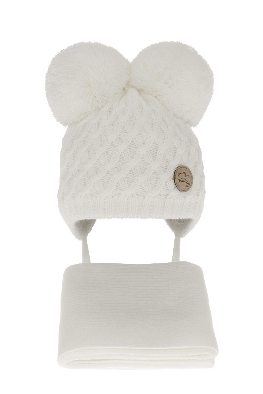 Czapka i szalik dla dziewczynki zimowy komplet, biały, z dwoma pomponami, wiązany Anava