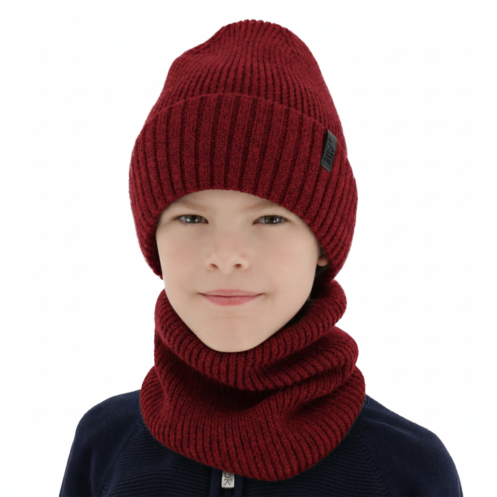 Czapka i komin dla chłopca, zimowy komplet, 100% wełniany merino, z podszyciem z wełny merino, bordowy Harbin