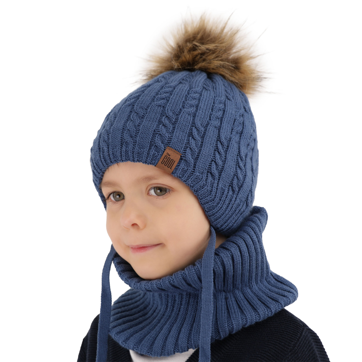 Czapka i komin dla chłopca zimowy komplet, beżowy, wiązany, z pomponem Indigo