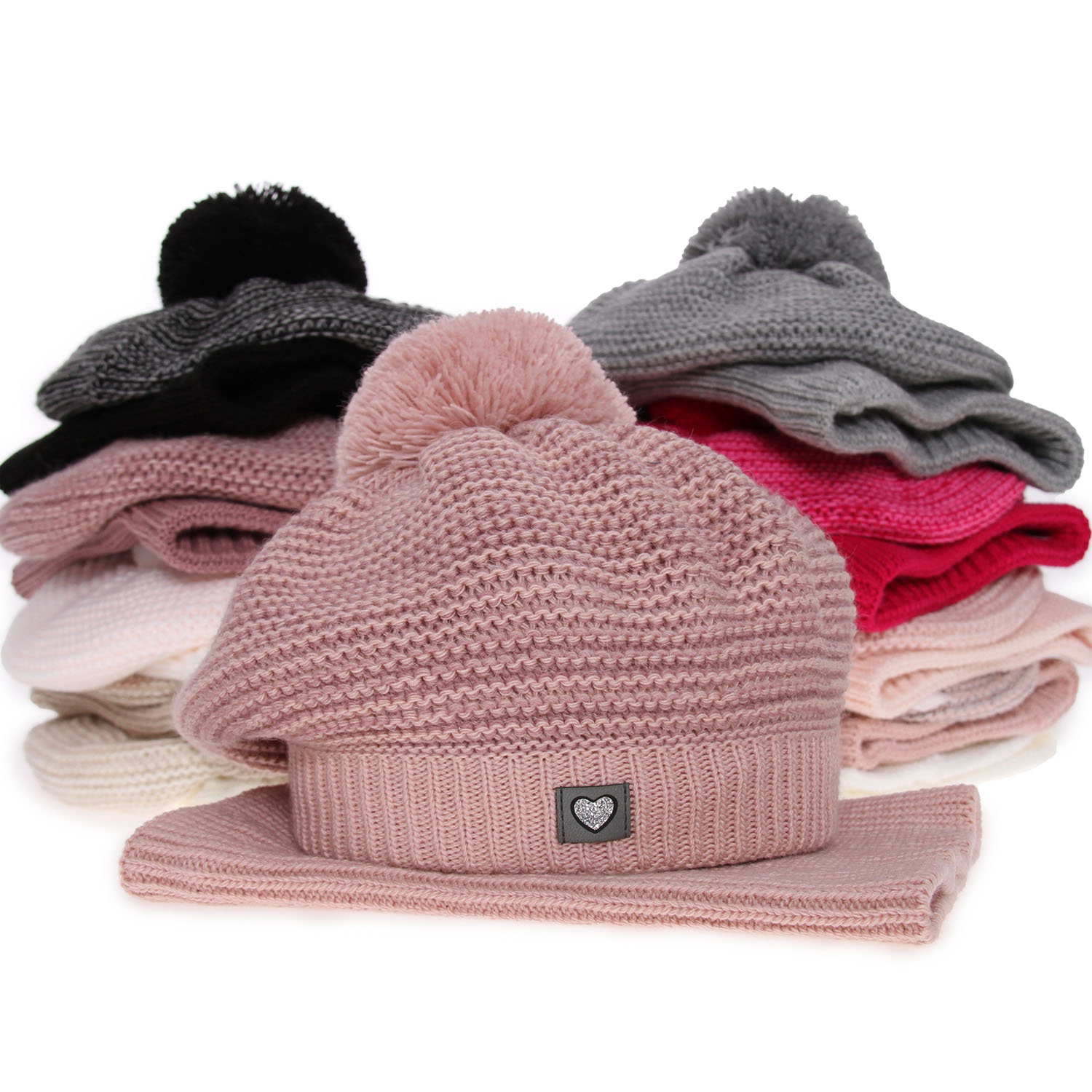 Beret i komin dla dziewczynki zimowy komplet, beżowy, z pomponem Lira