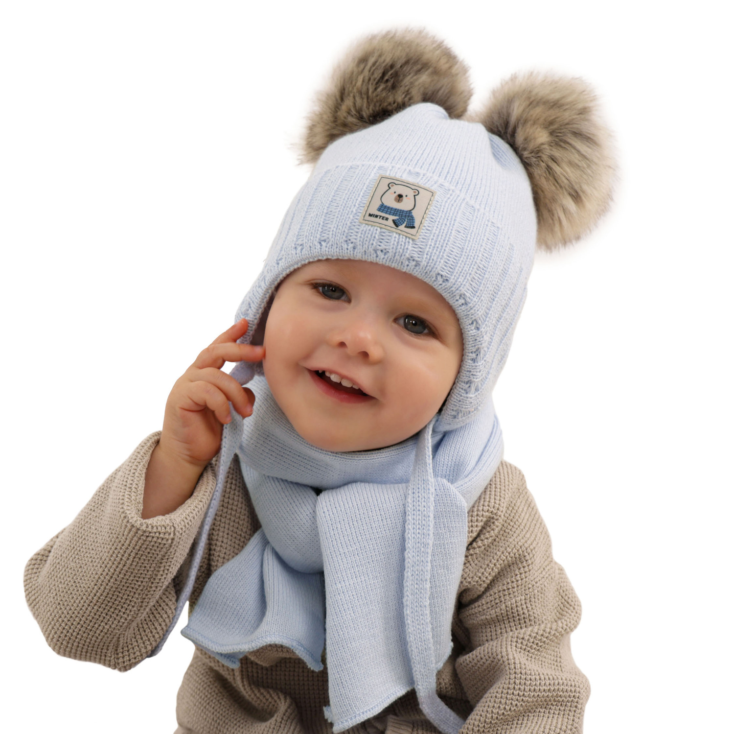 Czapka i szalik dla chłopca zimowy komplet, niebieski, z dwoma pomponami, wiązany Jewel