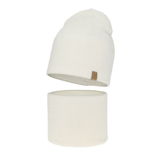 Czapka i komin dla dziewczynki jesienny, wiosenny komplet, biały, 100% wełniany merino Ricona