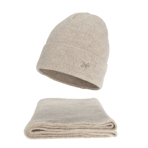 Czapka i szalik damski, zimowy komplet, jasnobeżowy, Rava