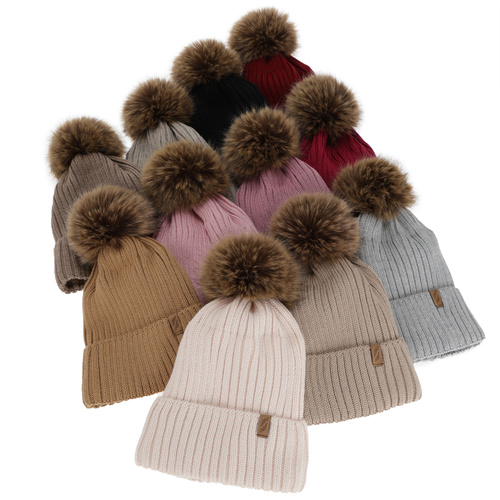 Czapka zimowa damska, różowa, z wełną merino, Zamira
