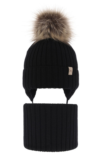 Czapka i komin dla dziewczynki zimowy komplet, czarny, wiązany, 100% wełniany merino Junika