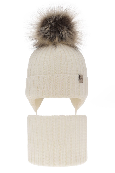 Czapka i komin dla dziewczynki zimowy komplet, kremowy, 100% wełniana merino, wiązany Junika